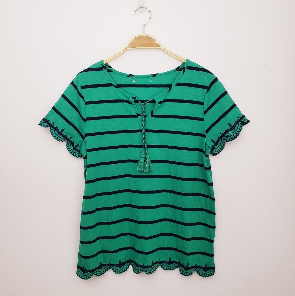 Green & Navy Stripes Scalloped Embroidered Edges